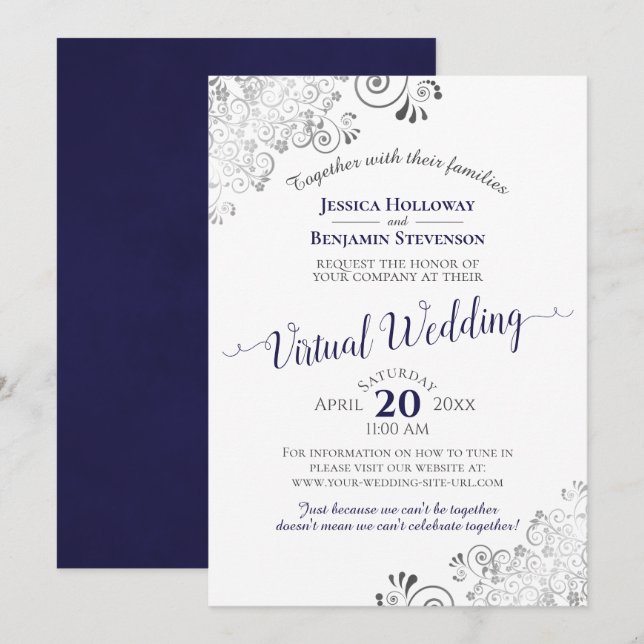 Invitación Boda virtual azul y blanco de la Marina de Plata L (Anverso / Reverso)
