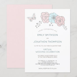 Invitación Boda virtual color azul rosa azul mariposa floral 