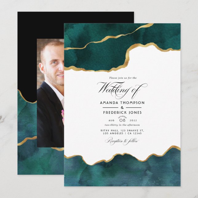 Invitación Boda virtual con foto de ágata geoda azul turquesa (Anverso / Reverso)