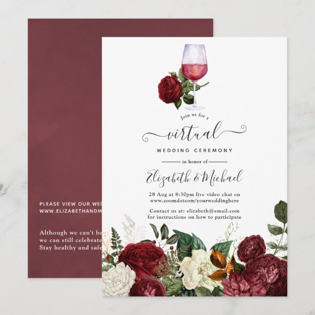 Invitación Boda virtual con la temática del vino floral rojo  (Anverso / Reverso)