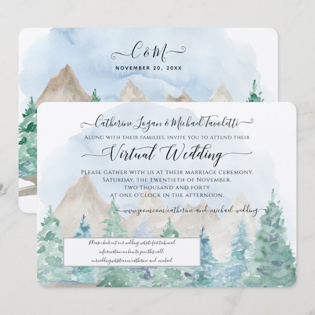 Invitación Boda virtual de acuarela de los árboles forestales (Anverso / Reverso)