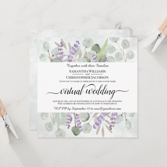 Invitación Boda virtual de acuarela Eucalyptus y Lavender (Anverso/Reverso In Situ)