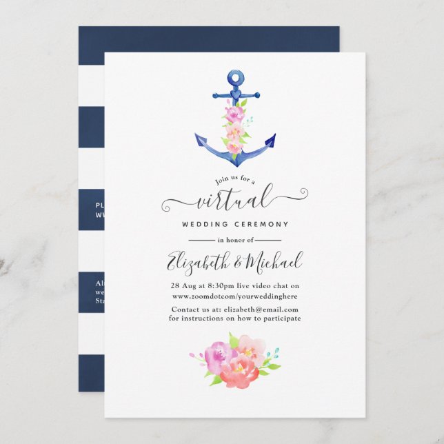 Invitación Boda virtual de acuarela Nautical Online (Anverso / Reverso)