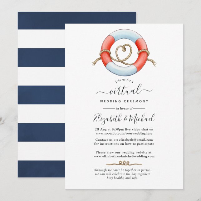 Invitación Boda virtual de acuarela Nautical Online (Anverso / Reverso)