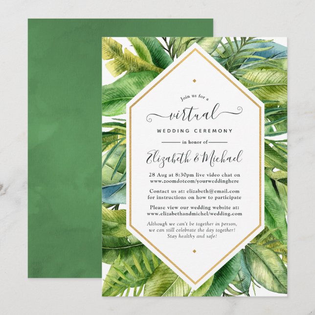 Invitación Boda virtual de acuarela tropical en línea (Anverso / Reverso)