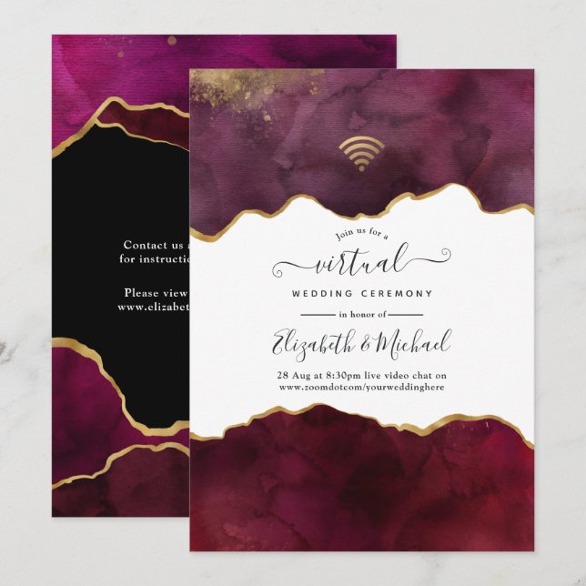 Invitación Boda virtual de ágata dorada y borgoña (Anverso / Reverso)