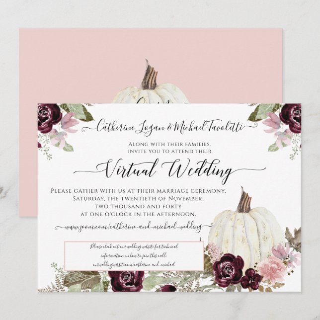 Invitación Boda Virtual de Calabaza Floral con Rubor de Borgo (Anverso / Reverso)