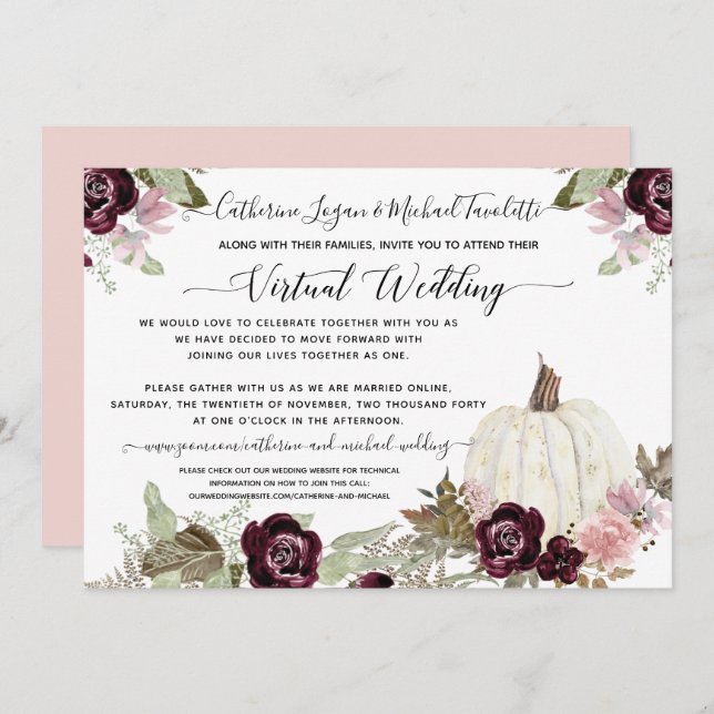Invitación Boda Virtual de Calabaza Floral con Rubor de Borgo (Anverso / Reverso)