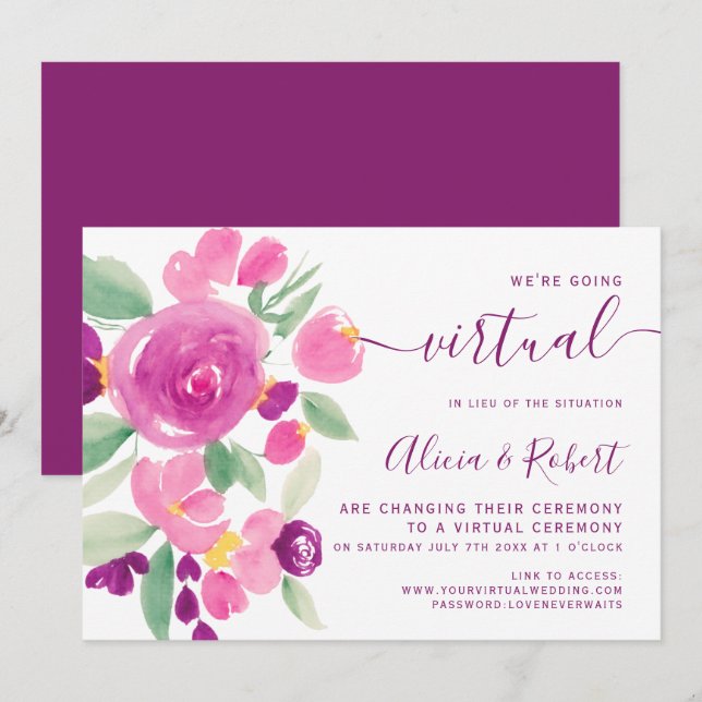 Invitación Boda virtual de color púrpura de ciruela moderna (Anverso / Reverso)