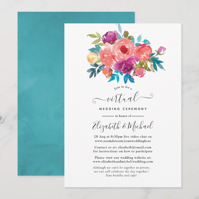 Invitación Boda virtual de coral, azul turquesa y morado (Anverso / Reverso)