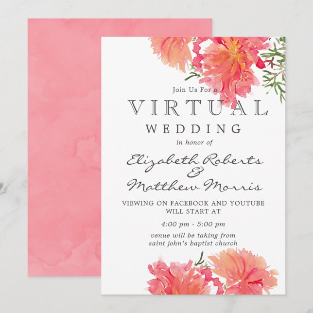 Invitación Boda virtual de Dahlias Rosa y Coral (Anverso / Reverso)