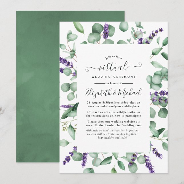 Invitación Boda virtual de eucalipto lavanda verde (Anverso / Reverso)