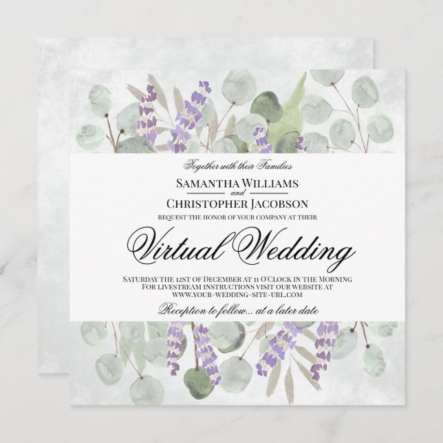 Invitación Boda virtual de eucalipto y lavanda rústico (Anverso / Reverso)