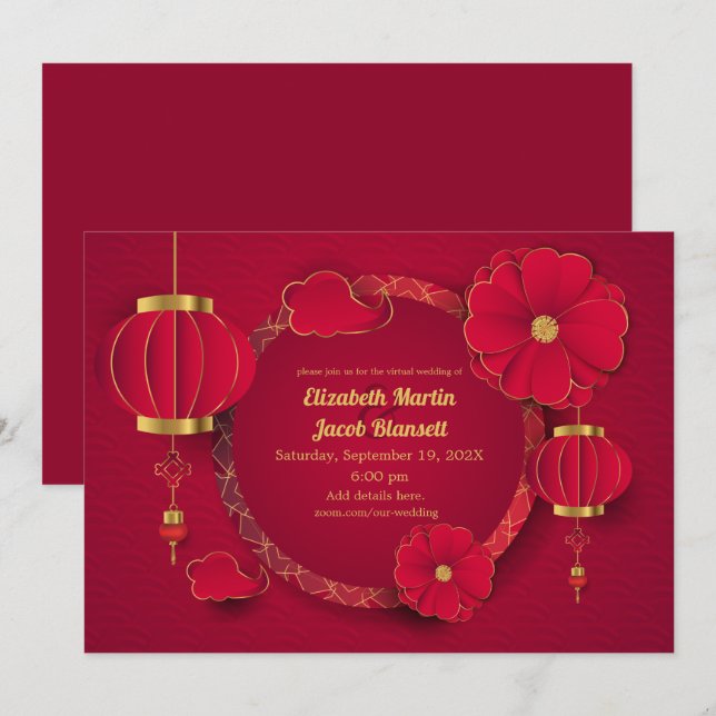 Invitación Boda virtual de farolillos y flores de China roja (Anverso / Reverso)