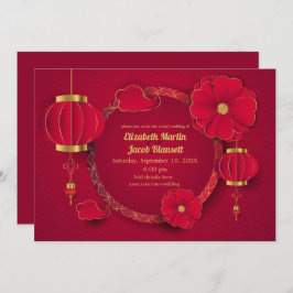 Invitación Boda virtual de farolillos y flores de China roja