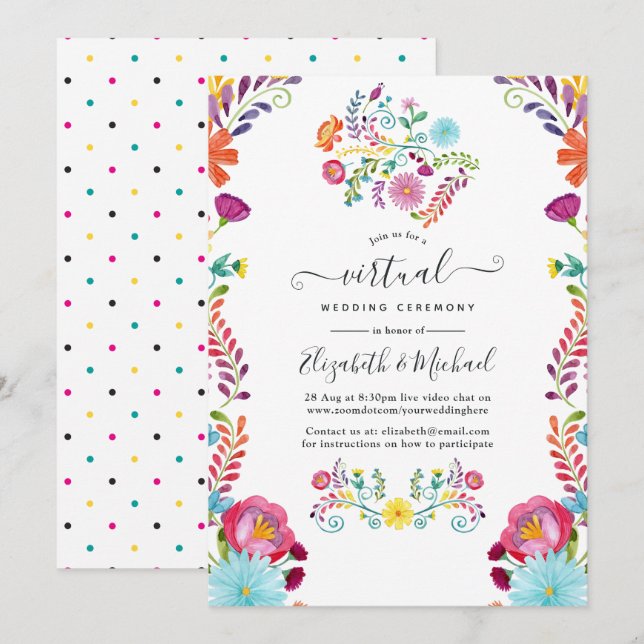 Invitación Boda virtual de fiesta floral colorida mexicana (Anverso / Reverso)