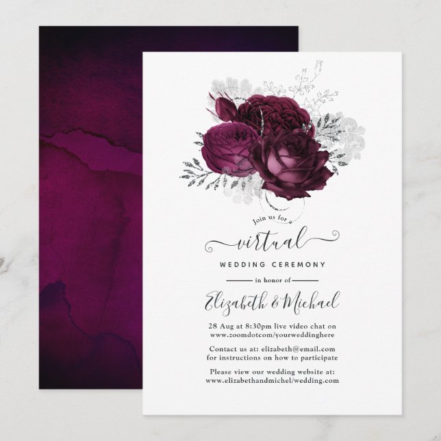 Invitación Boda virtual de floral borgoña y plateada (Anverso / Reverso)