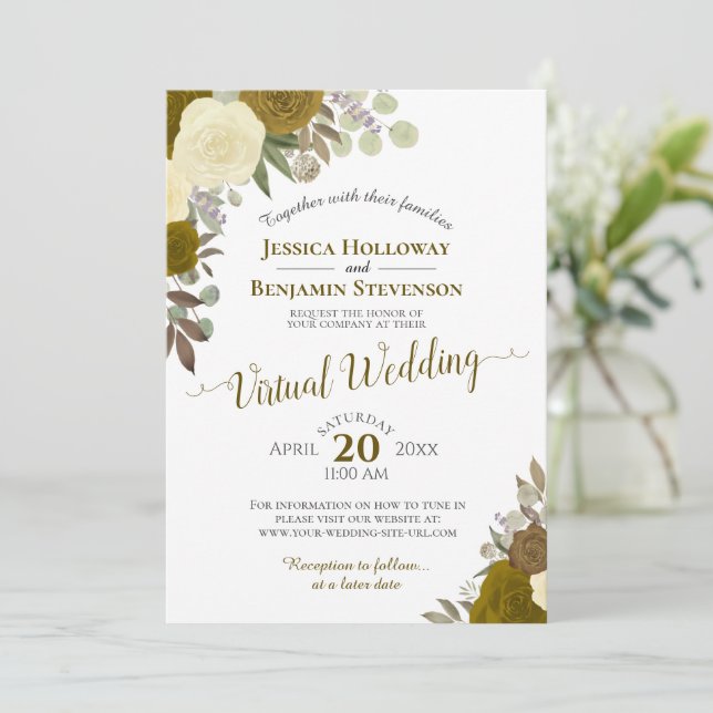 Invitación Boda virtual de floral de acuarela de oro ruso (Anverso de pie)