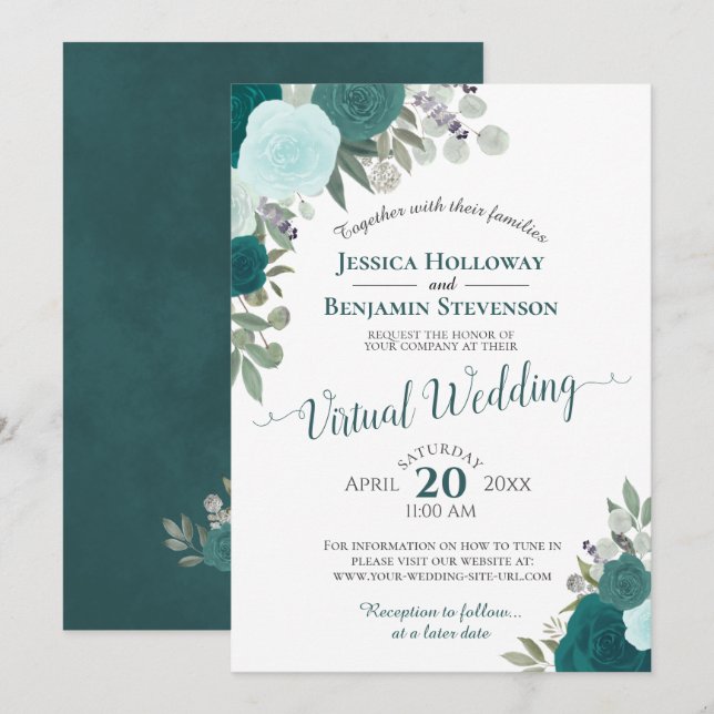 Invitación Boda virtual de floral de acuarela Verde azulada r (Anverso / Reverso)