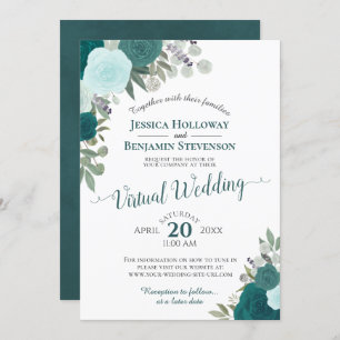 Invitación Boda virtual de floral de acuarela Verde azulada r