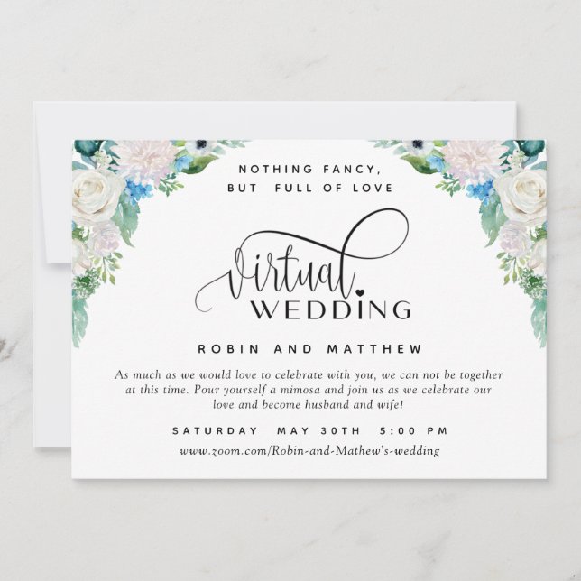 Invitación Boda virtual de Floral en línea blanca y verde (Anverso)