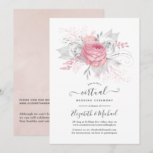 Invitación Boda virtual de Floral en línea rosa, plateada y b (Anverso / Reverso)