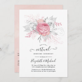 Invitación Boda virtual de Floral en línea rosa, plateada y b