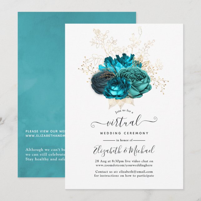 Invitación Boda virtual de Floral en línea turquesa y dorada (Anverso / Reverso)
