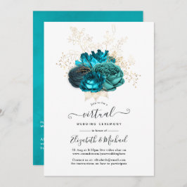 Invitación Boda virtual de Floral en línea turquesa y dorada