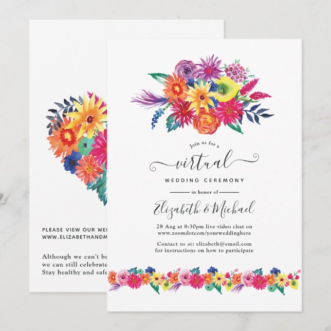Invitación Boda virtual de Floral Fiesta en línea (Anverso / Reverso)