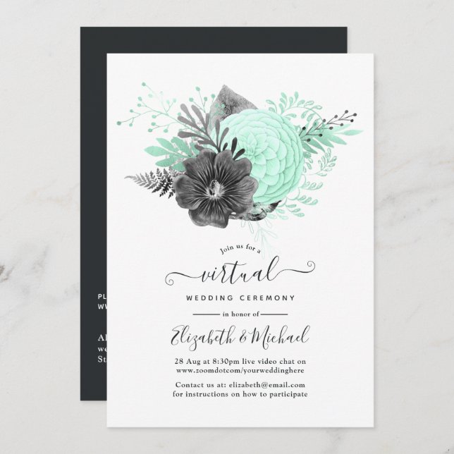 Invitación Boda virtual de floral floral de leche y carbón ve (Anverso / Reverso)