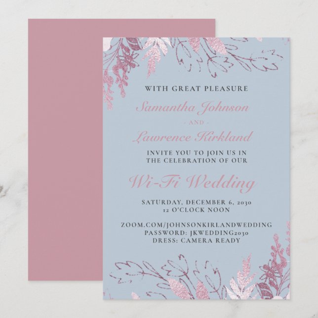 Invitación Boda virtual de floral rosa azul turbio (Anverso / Reverso)