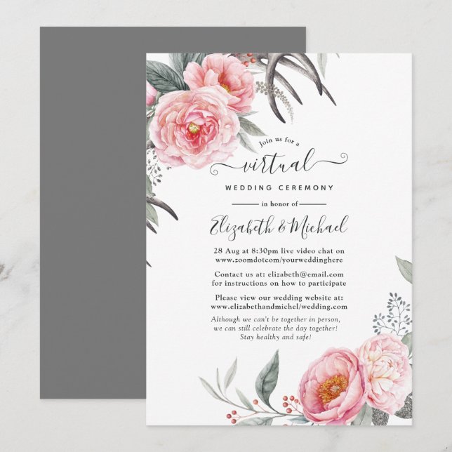 Invitación Boda virtual de flores de Boho rosa y gris pastel (Anverso / Reverso)