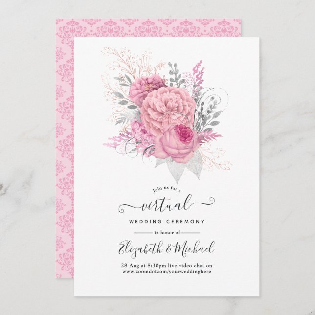 Invitación Boda virtual de flores y encajes rosados y platead (Anverso / Reverso)