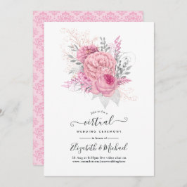 Invitación Boda virtual de flores y encajes rosados y platead