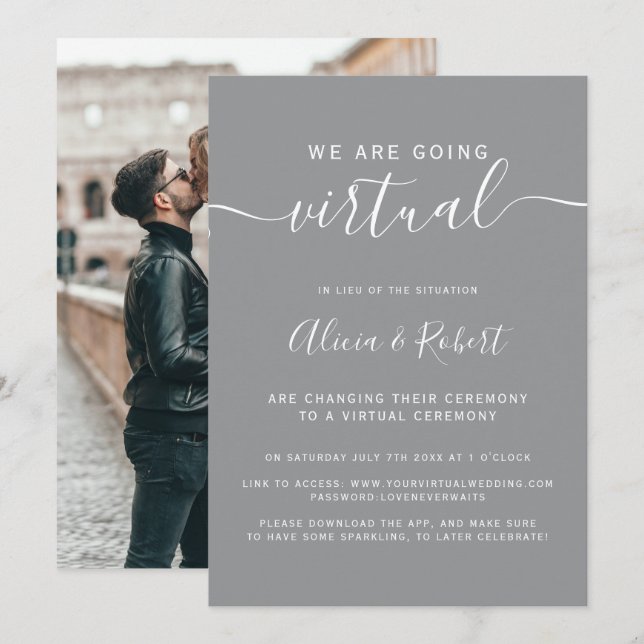 Invitación Boda virtual de fotos de fuentes modernas en blanc (Anverso / Reverso)