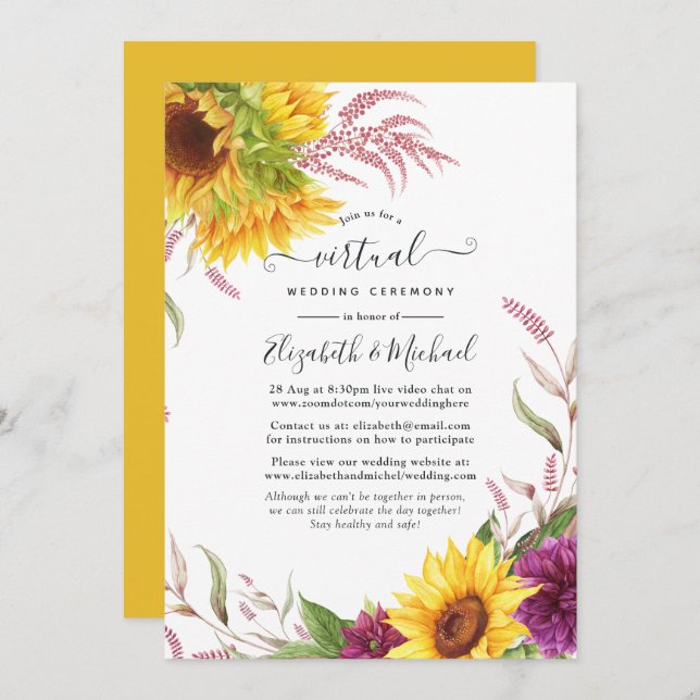 Invitación Boda virtual de girasol en línea (Anverso / Reverso)