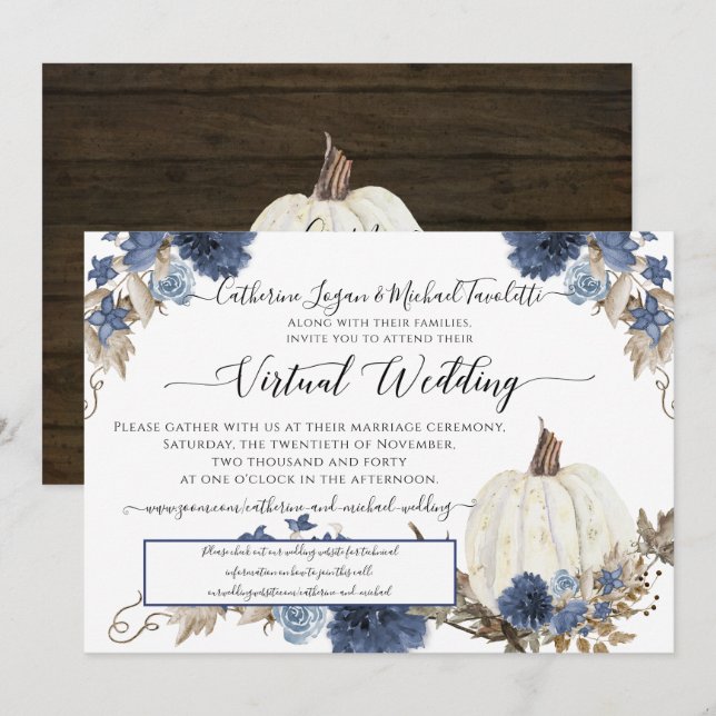 Invitación Boda virtual de la calabaza floral azul de la mari (Anverso / Reverso)