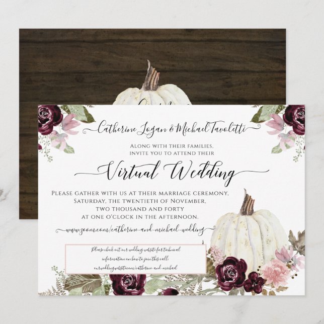Invitación Boda virtual de la calabaza floral de Borgoña (Anverso / Reverso)