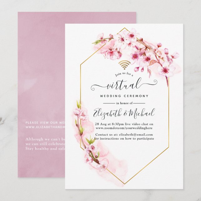 Invitación Boda virtual de la floración de primavera rosada g (Anverso / Reverso)