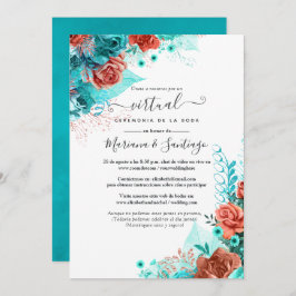 Invitación Boda virtual de la floral azul turquesa y coralina