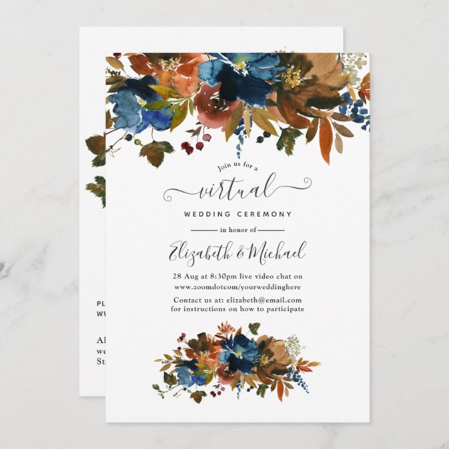 Invitación Boda virtual de la floral de jengibre y marina (Anverso / Reverso)