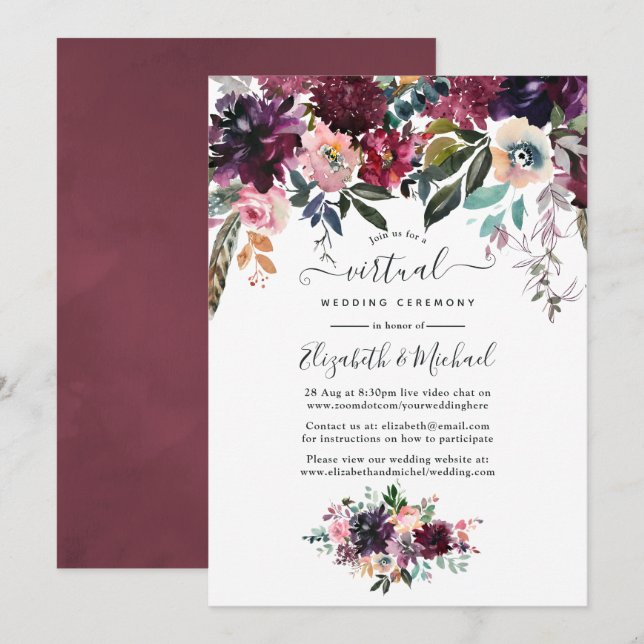 Invitación Boda virtual de la Floral de vino de Burdeos (Anverso / Reverso)