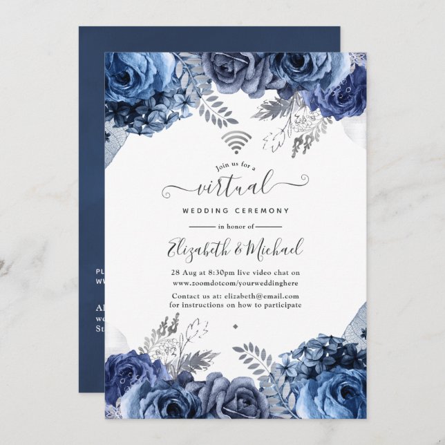 Invitación Boda virtual de la Marina y Floral Blanca en línea (Anverso / Reverso)