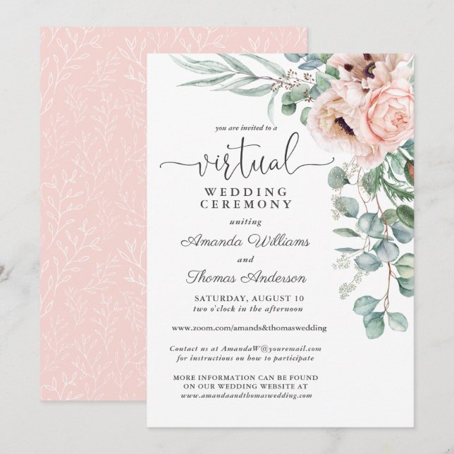 Invitación Boda virtual de lapidarios florales rosados y peki (Anverso / Reverso)