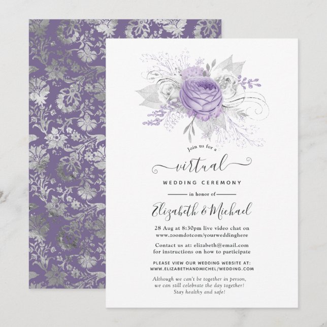 Invitación Boda virtual de lavanda y floral plateada (Anverso / Reverso)