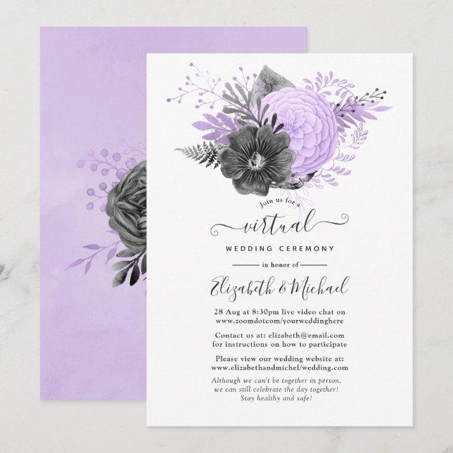 Invitación Boda virtual de Lilac y Charcoal Floral en línea (Anverso / Reverso)