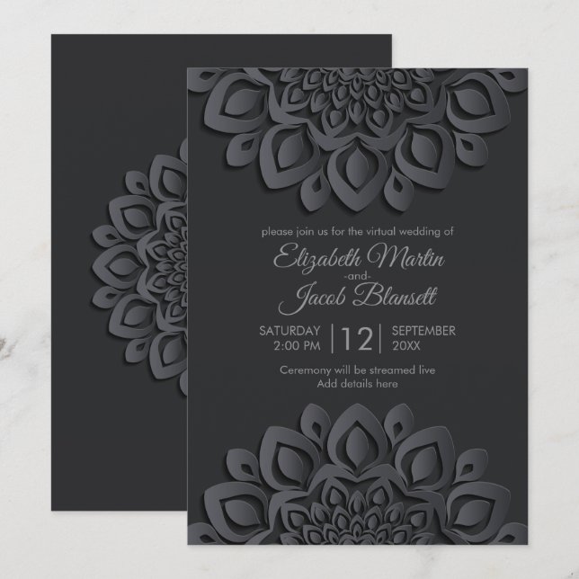 Invitación Boda virtual de Mandala en papel negro moderno (Anverso / Reverso)