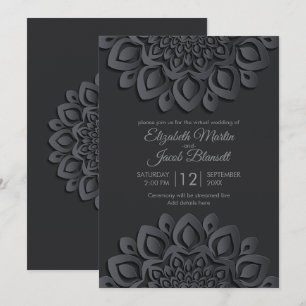 Invitación Boda virtual de Mandala en papel negro moderno
