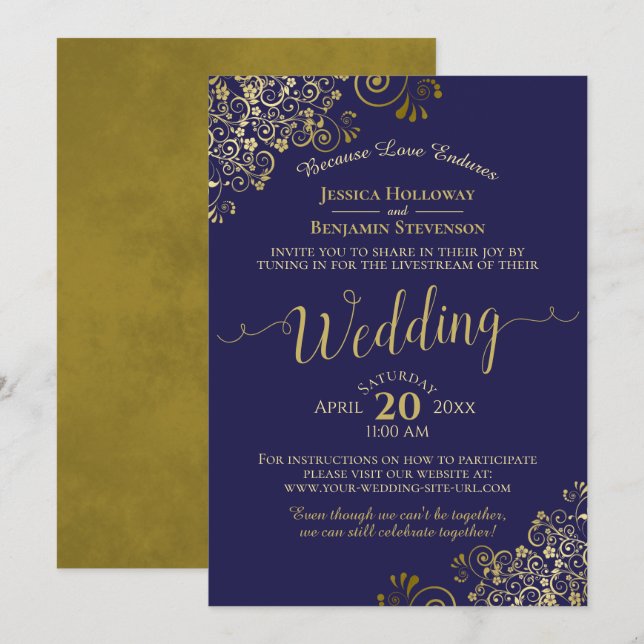 Invitación Boda virtual de moda azul y oro en directo (Anverso / Reverso)